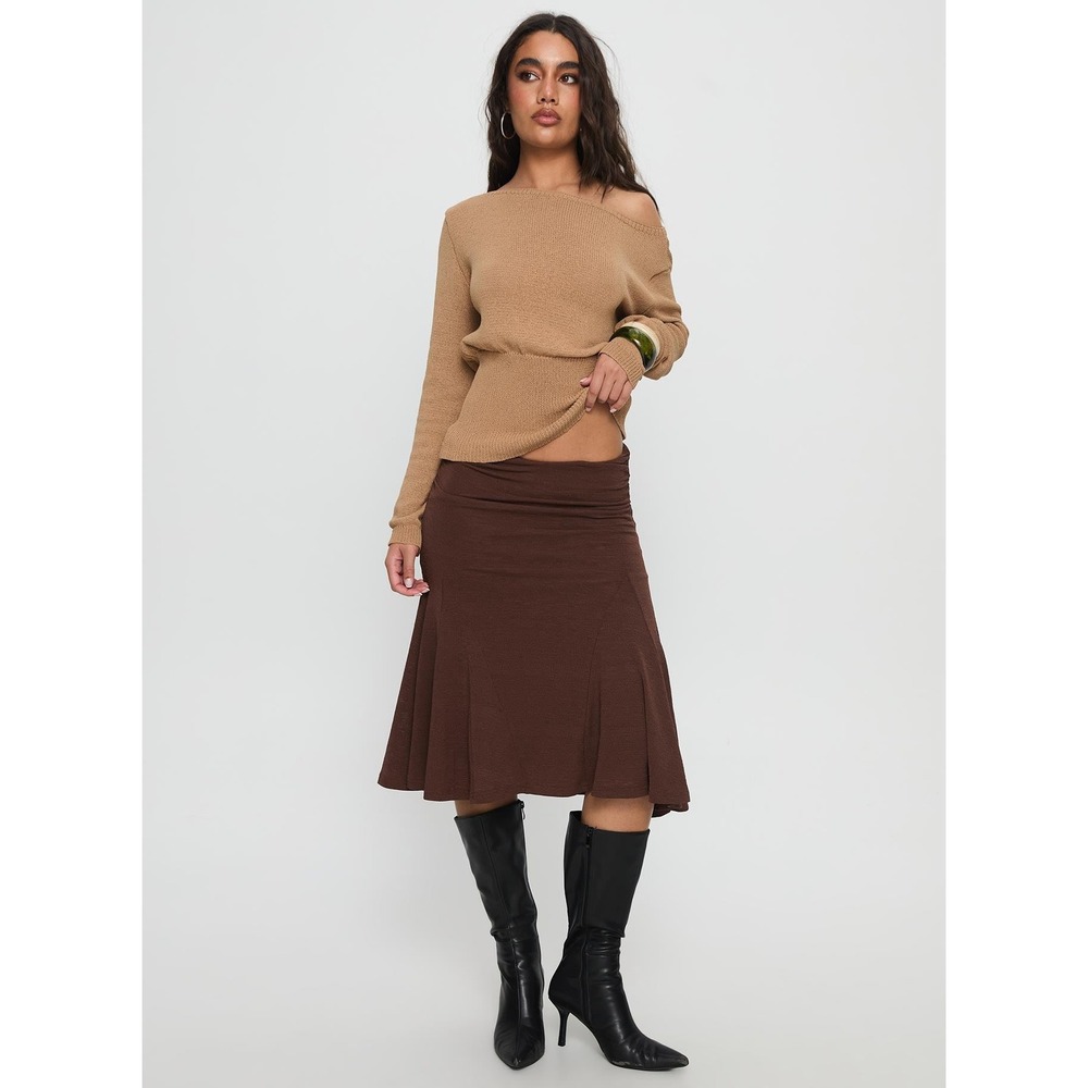 Princess Polly Brown Ruched Side Flared Midi Skirt Size 2 Knit Paneled